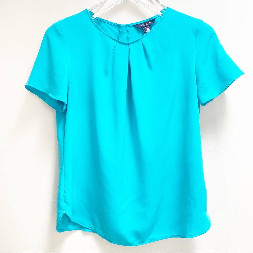 The Outfitters Lands End Top Teal Blue Zip Back Pleated Neck Detail Short Sleeve